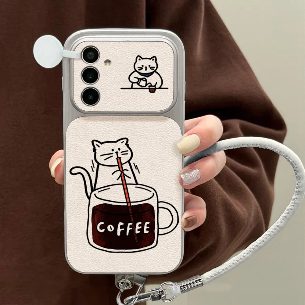 Coffee Cute Cat Phone Case For Samsung S26 S25 S24 S23 Ultra Plus FE A16 A27 A26 A57 A56 A37 A36 A07 A06 A17 Cover With Lanyard