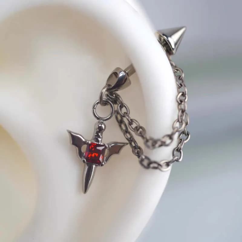 Stainless Steel Red Zircon Wing Chain Piercing Earring for Women Men Gothic Silver Color Rivet Ear Bone Nail Earring Y2K Jewelry