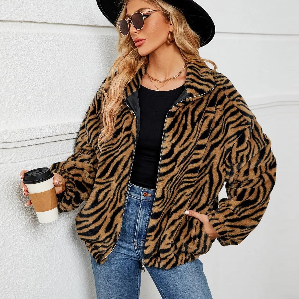 Zebra Striped Plush Stand up Collar Zipper Jacket Women's Long Sleeve Short Coat Commute Style No Brand Registered Trademark