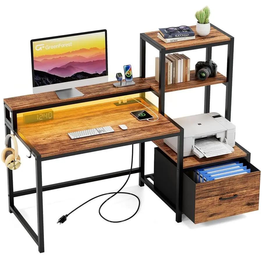 Scrivania per Computer con Cassetti e Supporto Monitor, Scrivania da Ufficio Domestico con Scaffali Portaoggetti, Piccola Scrivania da Gaming con Prese di Corrente e LED