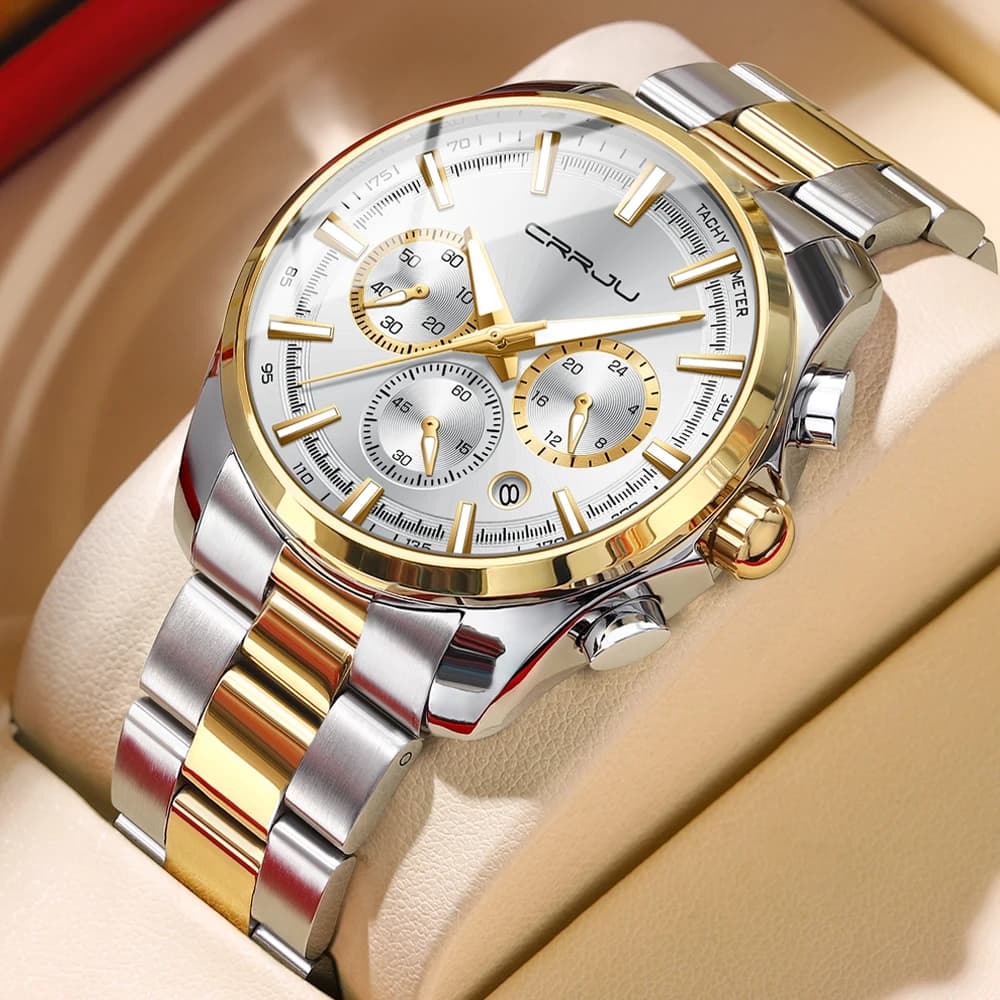 CRRJU Quartz Wrist Watch casual sportsman watch with chronograph men's watch with fashionable stainless steel automatic date