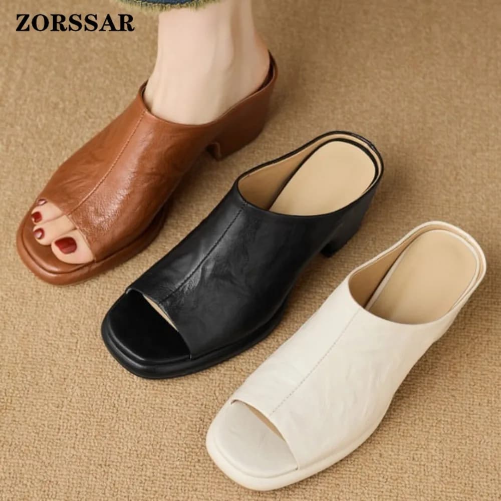 Women's Vintage Platform Chunky Heel Mules, Open Toe Block Heel Slide Sandals, Casual Summer Leather Shoes for Ladies Daily Wear