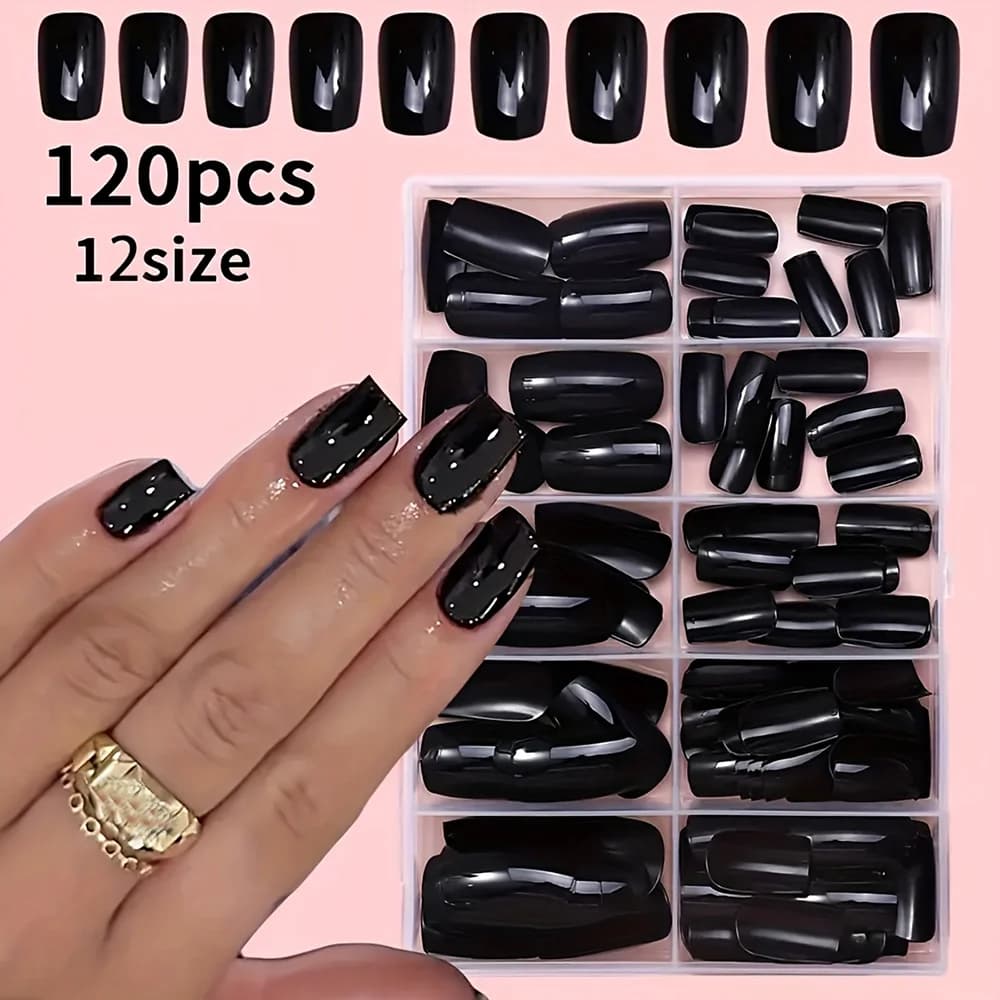 120 Pezzi Unghie Finte Quadrate Nere Lucide, 12 Misure, Copertura Completa, Unghie Finte a Pressione per Manicure Quotidiana Femminile