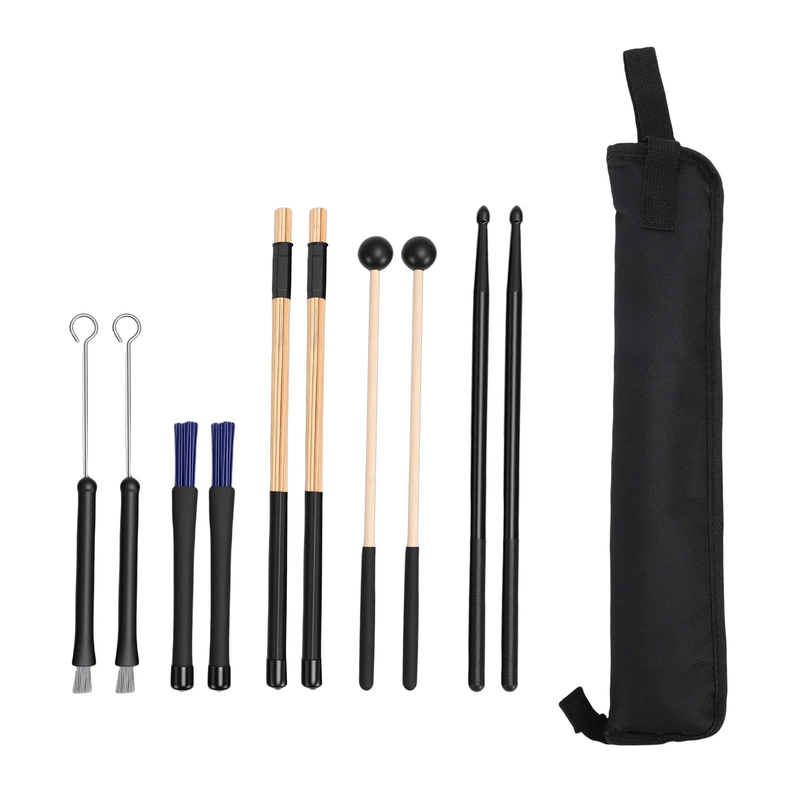 Set di 5 Paia di Bacchette per Batteria, Mazze e Spazzole con Borsa in Tessuto Oxford per Pratica ed Esibizioni, Bacchette in Gomma