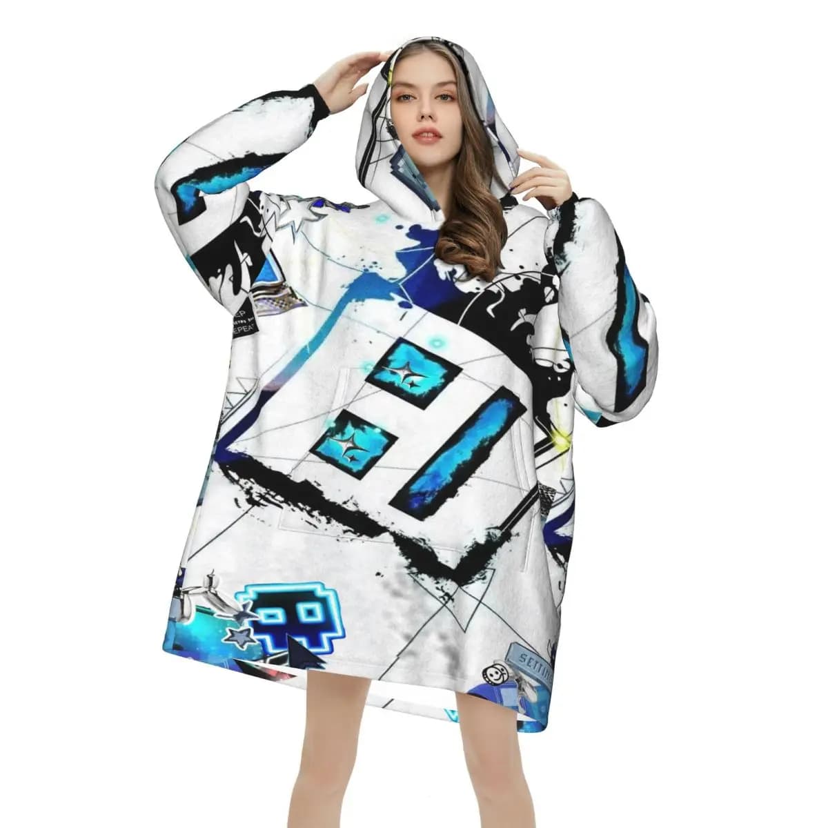 Geometry Dash Games Blanket Hoodie Wearable Blanket Large with Pocket Warm Sleeping Bag Soft Cozy Onesie