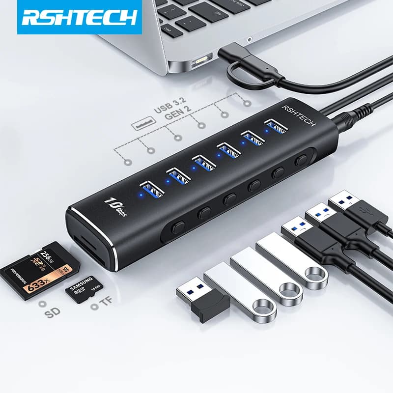 Hub USB RSHTECH Splitter hub prolunga USB C in alluminio da 10 Gbps con lettore di schede SD/TF per accessori per computer MacBook Laptop PC