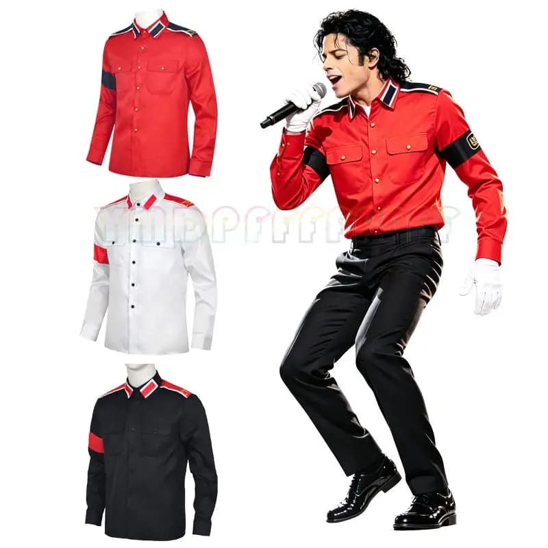 POP Michael Jackson anti war military shirt men's retro button up shirt in red white and black iconic pop star role-playing c
