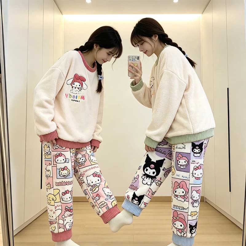 Kuromi Cartoon Fuzzy Fleece Pajama Set Women Long Sleeve Crew Neck Soft Warm 2 Piece Y2K Kawaii Winter Home Sleepwear Loungewear
