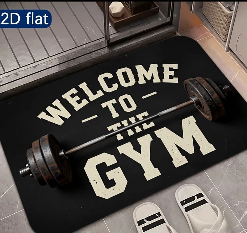 Soft Flannel Gym Entrance Mat, 2D Flat, 1 Piece Welcome to the Gym, Weightlifting Barbell Pattern, 1.2cm Thick, 500g/Sqm, Machine Washable, Suitable for Bathroom, Living Room, Bedroom, Dining Table, Indoor/Outdoor Use