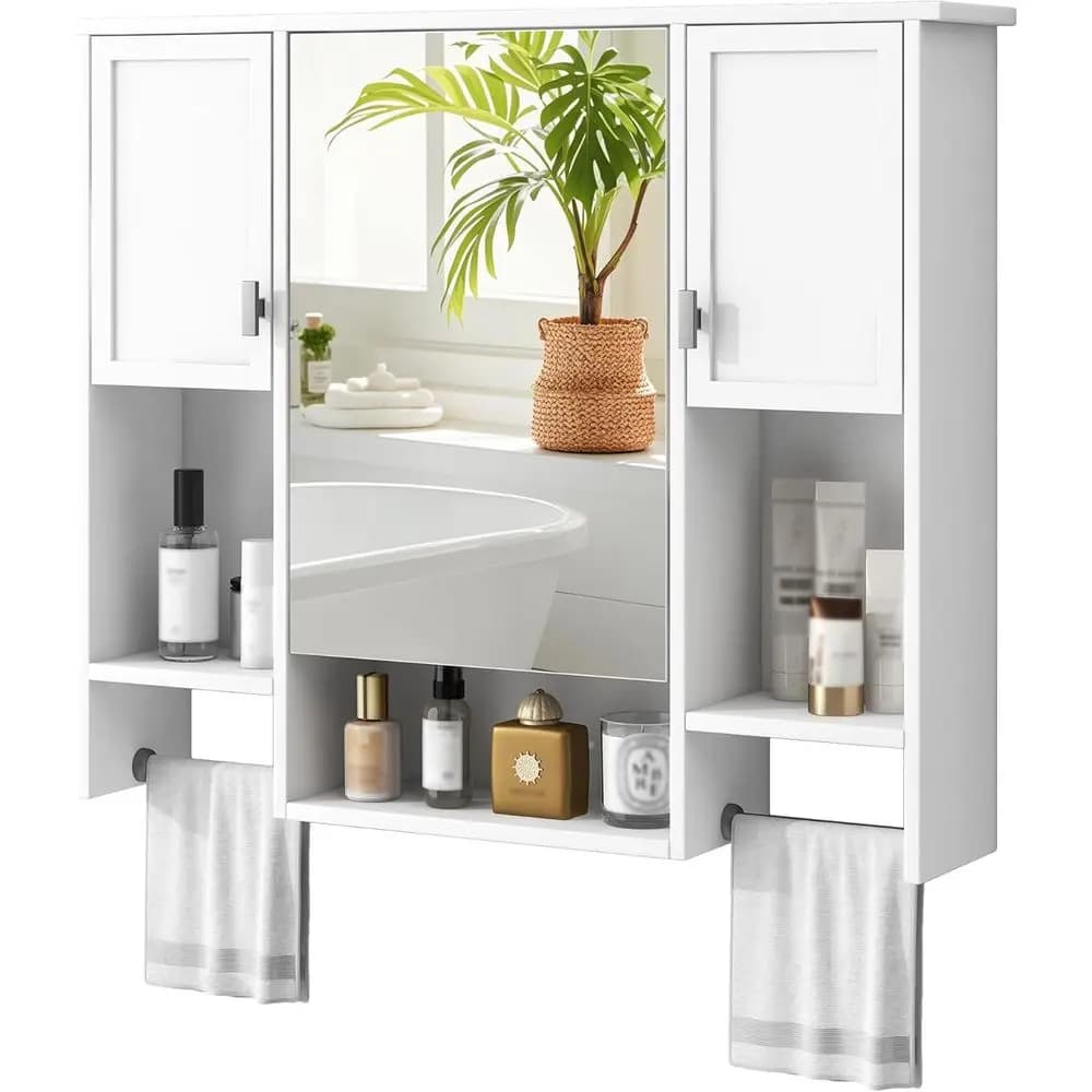 Mobiletto da Bagno a Specchio da Parete con 35 Ripiani, Mensola Aperta e Porta Asciugamani, per Stoccaggio Sopra il WC