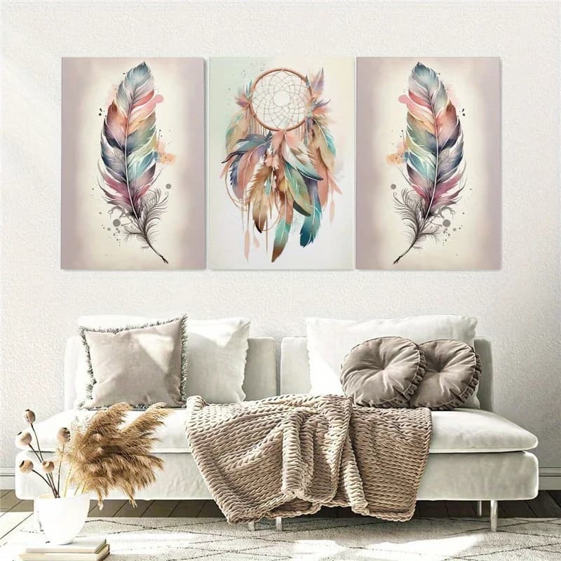 2d Flat Paintings 3pcs Abstract Feather Boho Dreamcatcher Wooden Painting, Watercolor Gallery Wall Art, Living Room Decorat