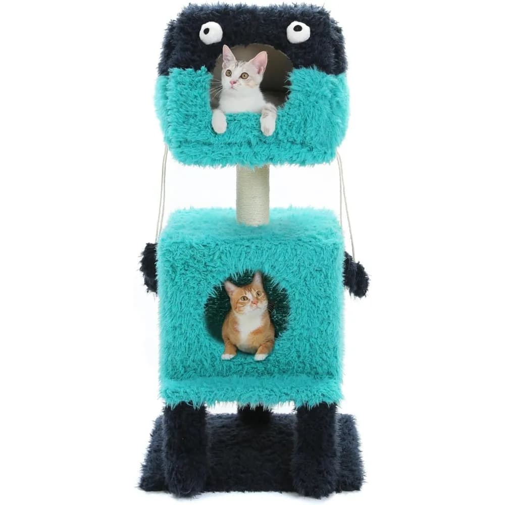 Albero per gatti a tema cartone animato su strada, torre per albero moderna 2 in 1 con 2 grandi condotti, pelliccia per modellazione artistica robot a 3 livelli