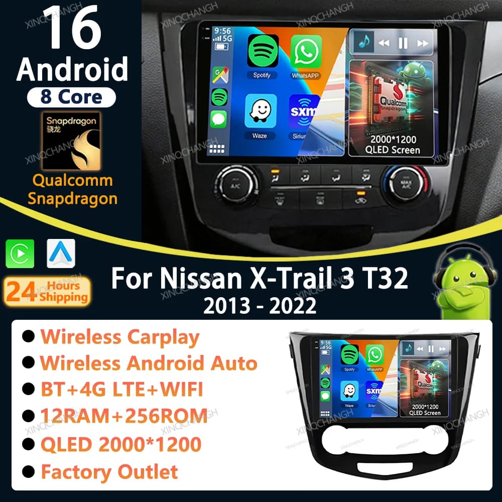 Autoradio Android 16 con Carplay per Nissan X-Trail Xtrail X-Trail 3 T32 2013-2022, Lettore Multimediale Stereo BT con Schermo QLED