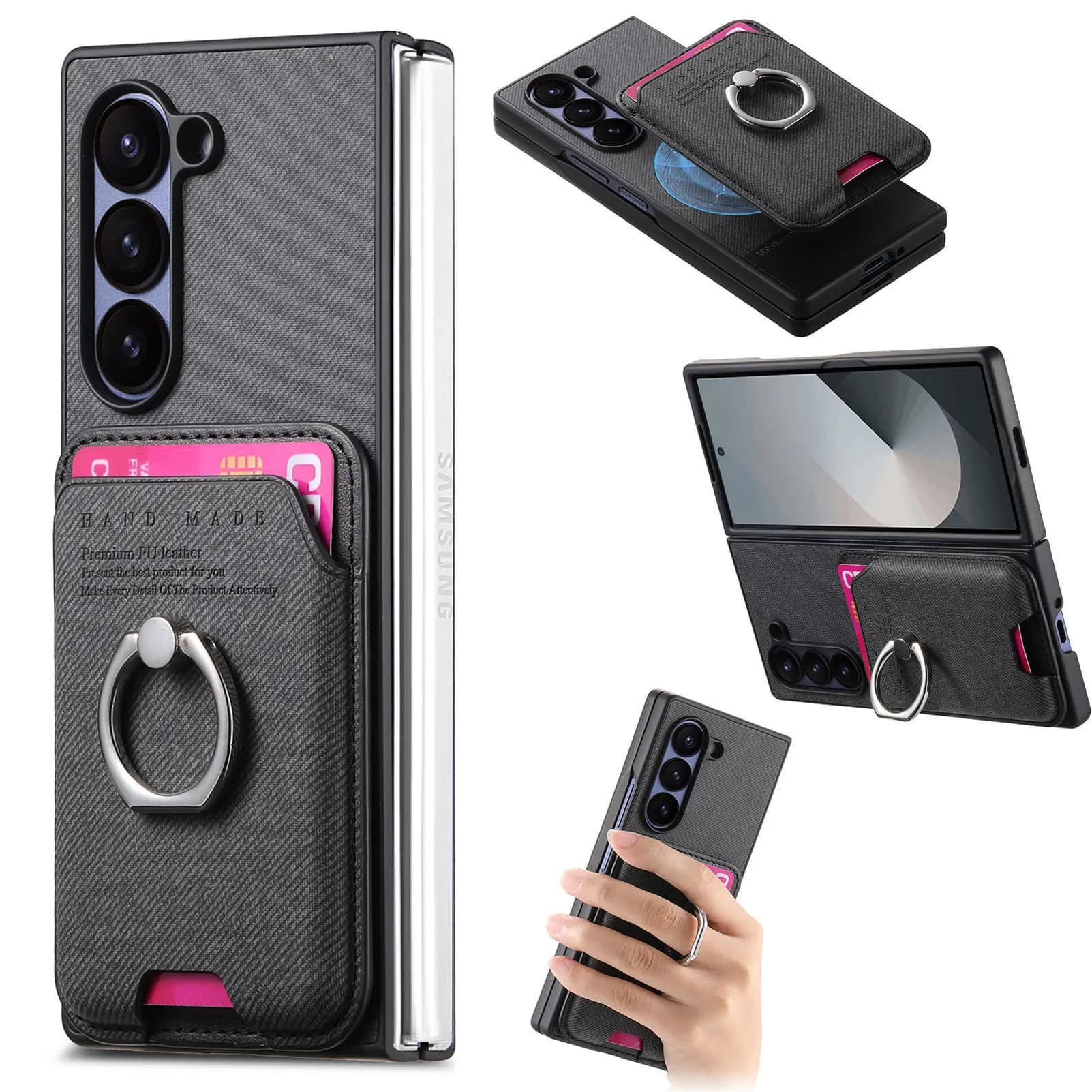Magnetic wallet with card holder Leather case with ring bracket for Samsung Galaxy Z Fold 7 6 5 4 3 Fold7 Fold6 Fold5 5G Cover