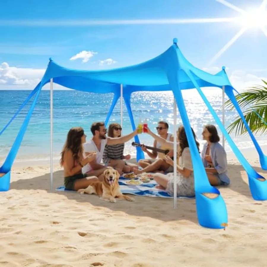 Tenda da Spiaggia Parasole UPF 50+, Gazebo 3x3 Metri per Campeggio, Pesca, Picnic, in Poliestere Azzurro con 8 Pali