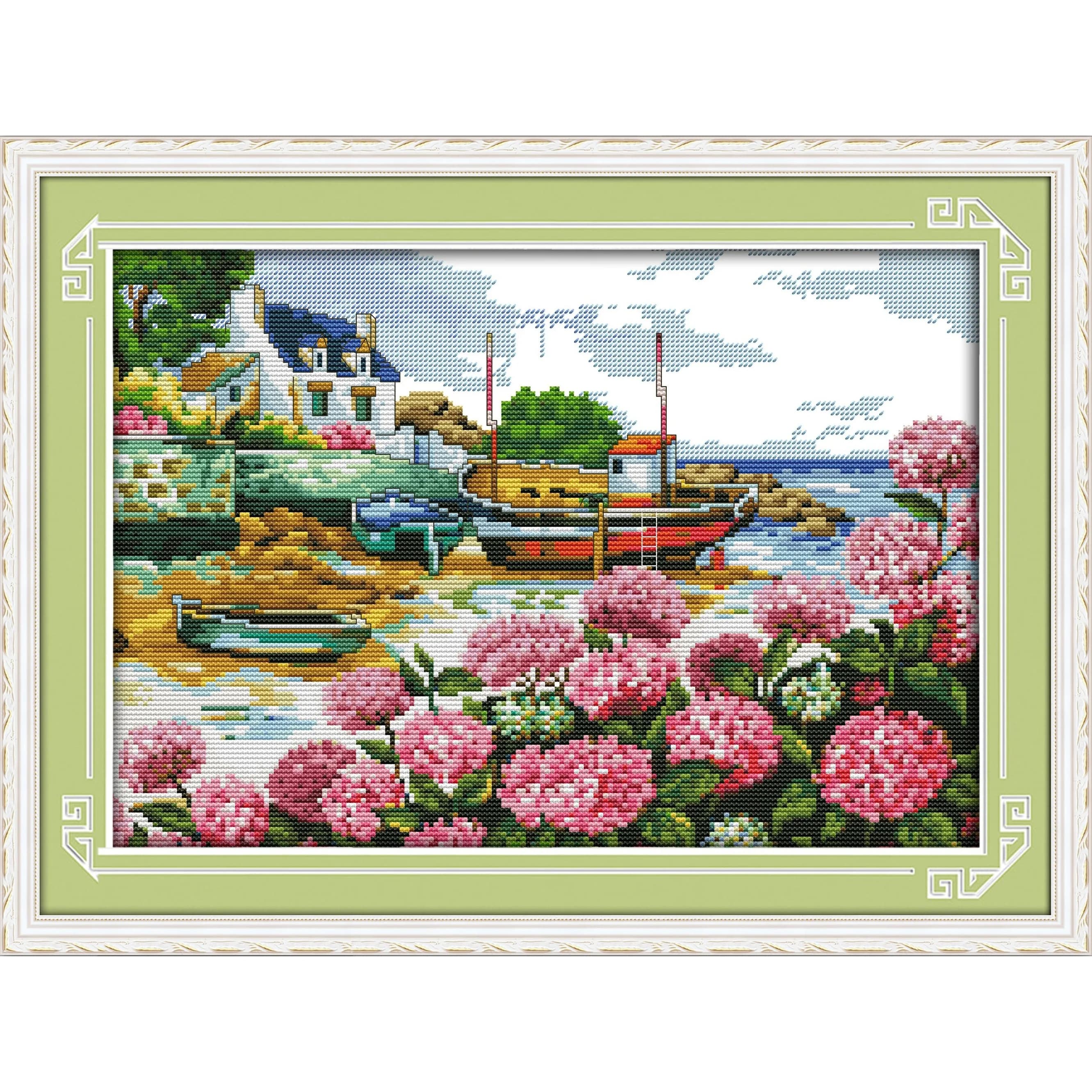 News Pre-Printed Cross Stitch Kit, Stamped Aida Fabric With DMC Threads, Embroidery Kit - Beautiful Seaside Scenery
