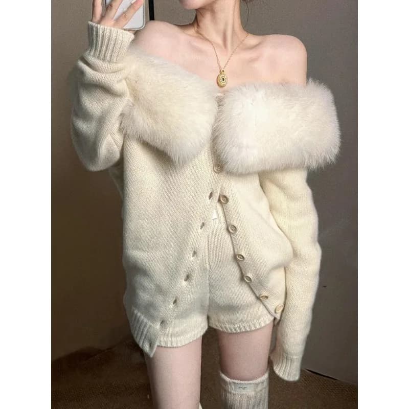 Gentle Wind Temperament Fur Collar One-word Shoulder Long-sleeved Cardigan Jacket Women's High-waisted Shorts Set