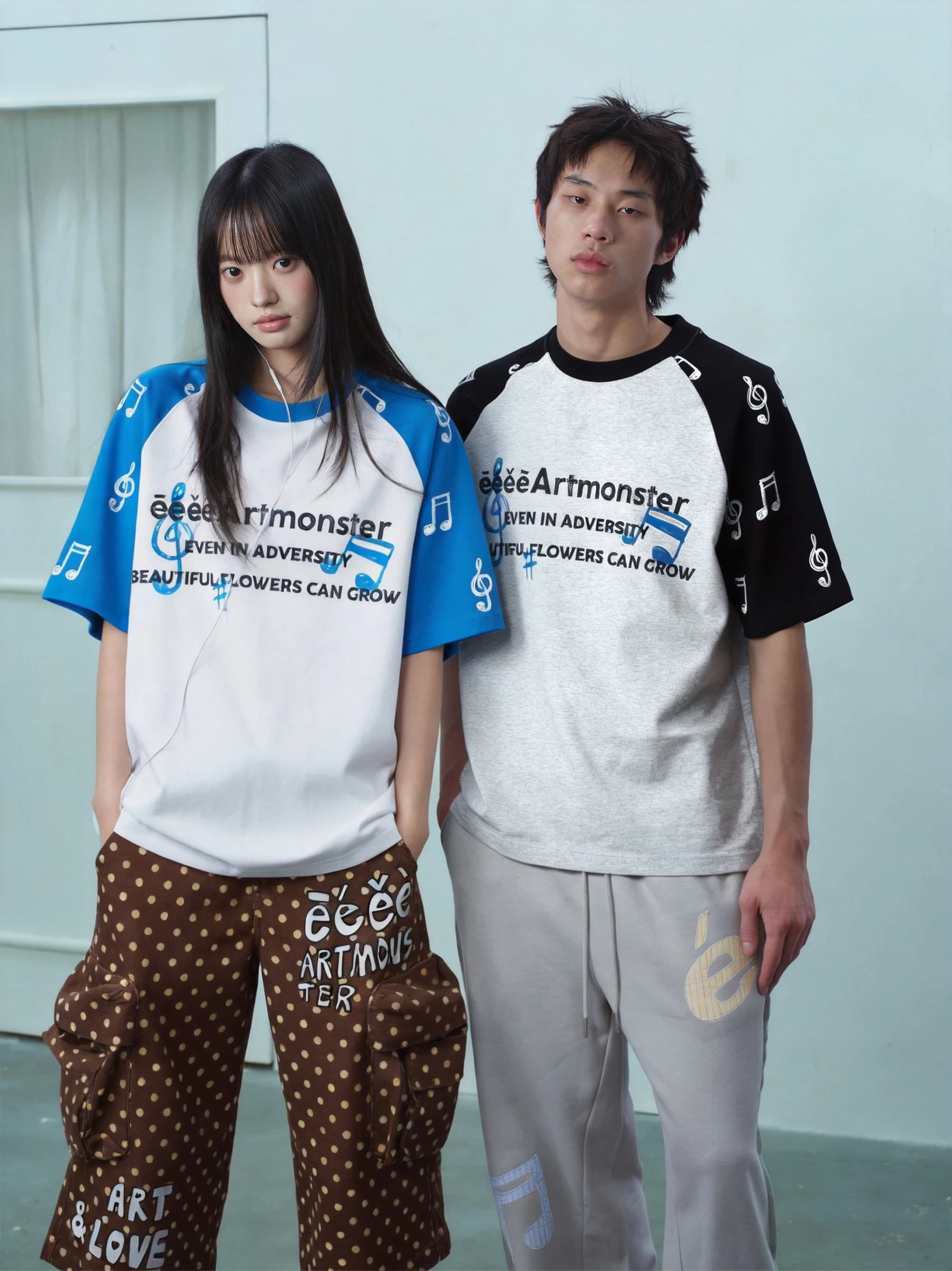 Artistic Night Song T-Shirt with Note Print Shoulder Sleeve Color Block Design Short Sleeve round Neck Men's Summer Top