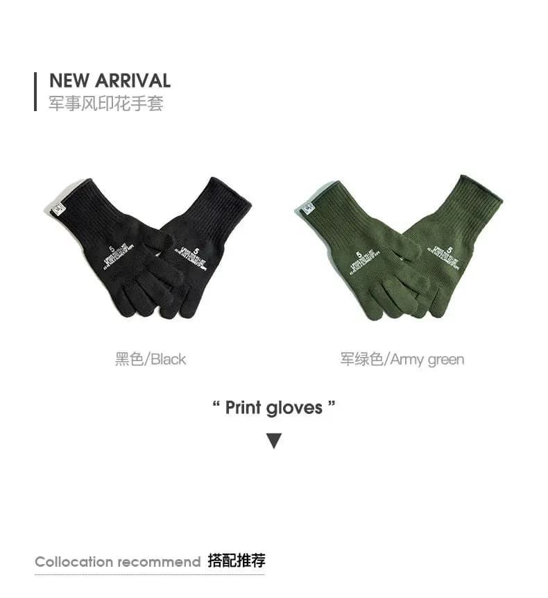 Maden Vintage Print Knit Full Finger Gloves Black and Army Green Men Winter Warm Thermal Cycling Anti-Slip Durable Outdoor