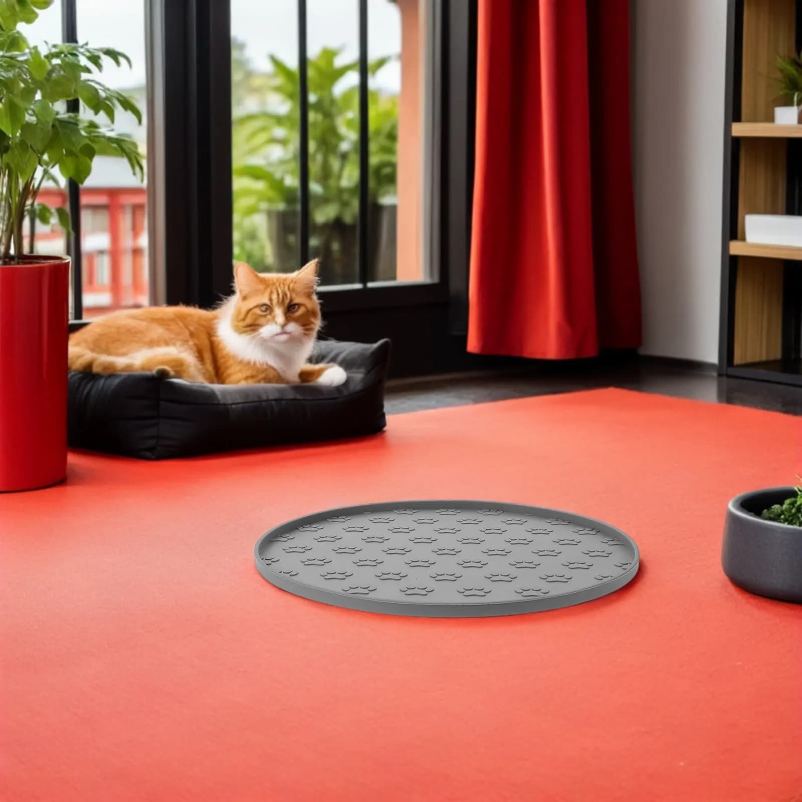Tappetino Rotondo in Silicone per Alimentazione Animali Domestici, Antiscivolo, Impermeabile, con Bordo Rialzato Anti-Rovesciamento, 27 cm, per Ciotole Cibo Cani e Gatti, Anti-Ingozzamento Rapido