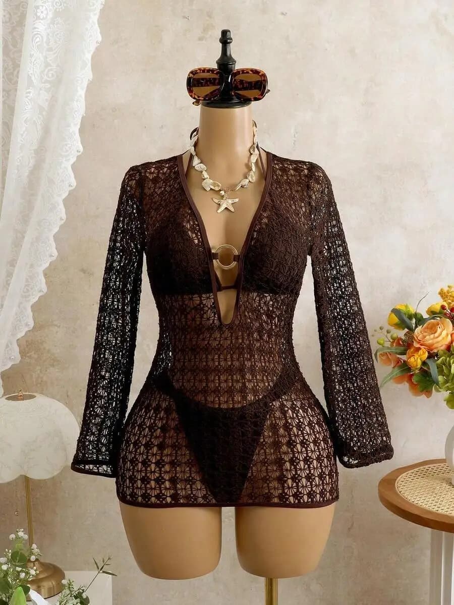 Womens Brown Lace Cover Up Swimsuit Set With Long Sleeves And V Neck