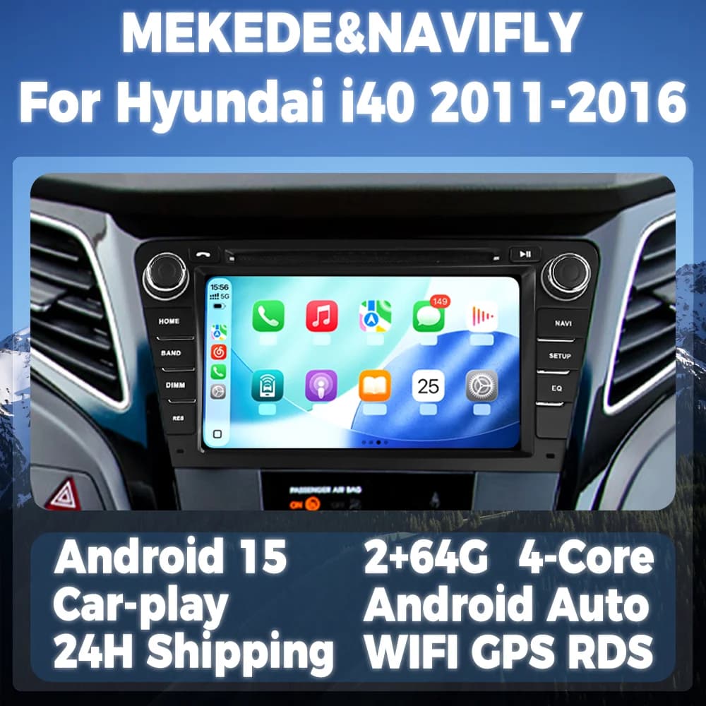 Schermo di visualizzazione multimediale per auto Android CarPlay wireless per Hyundai I40 2011-2019 Sistema intelligente per autoradio Android 15 da 7 pollici
