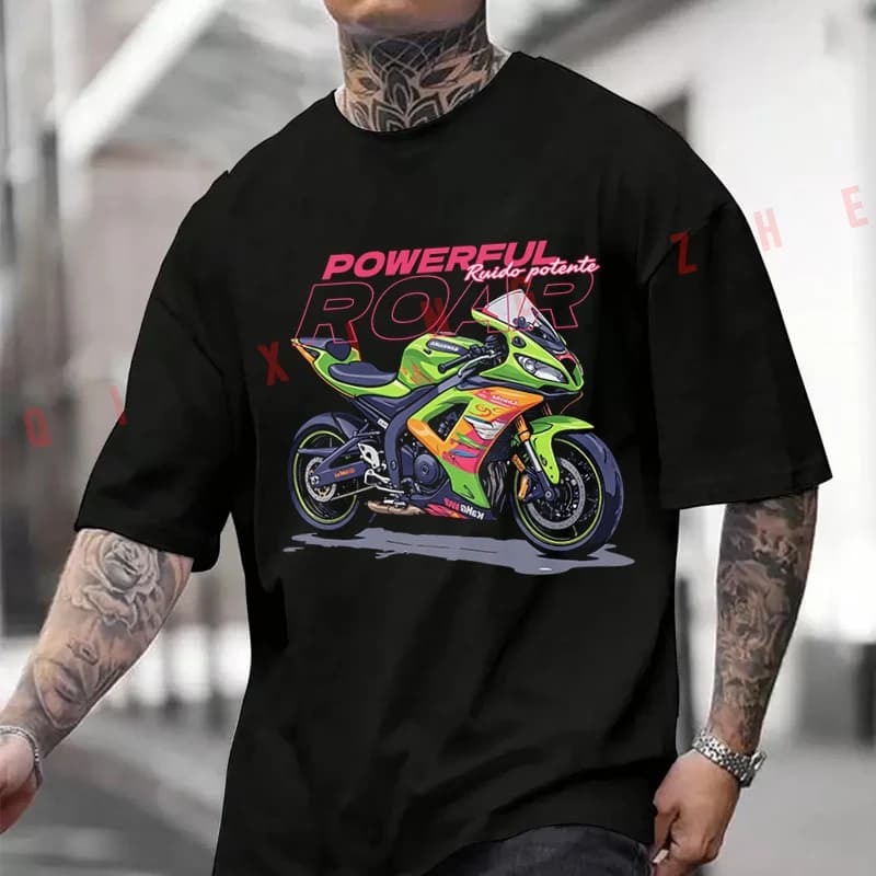 T-shirt Casual in Cotone 2026 da Uomo per Moto e Ciclismo, Verde e Magenta, Top Sportivo Estivo