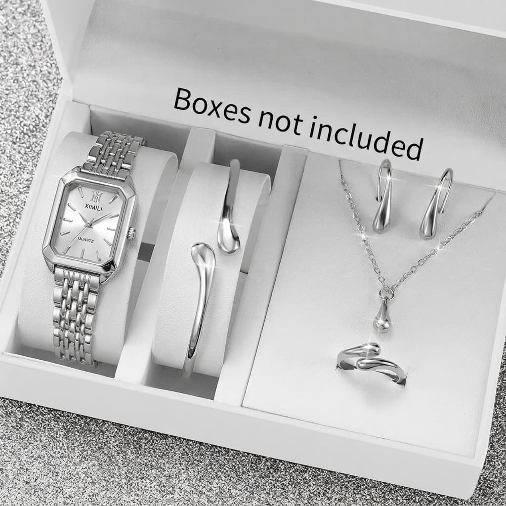 6PCS Fashion Rectangle Women Quartz Watch Jewelry Set Ladies Steel Band Wristwatches Accessories Relogio Feminino（Without Box）