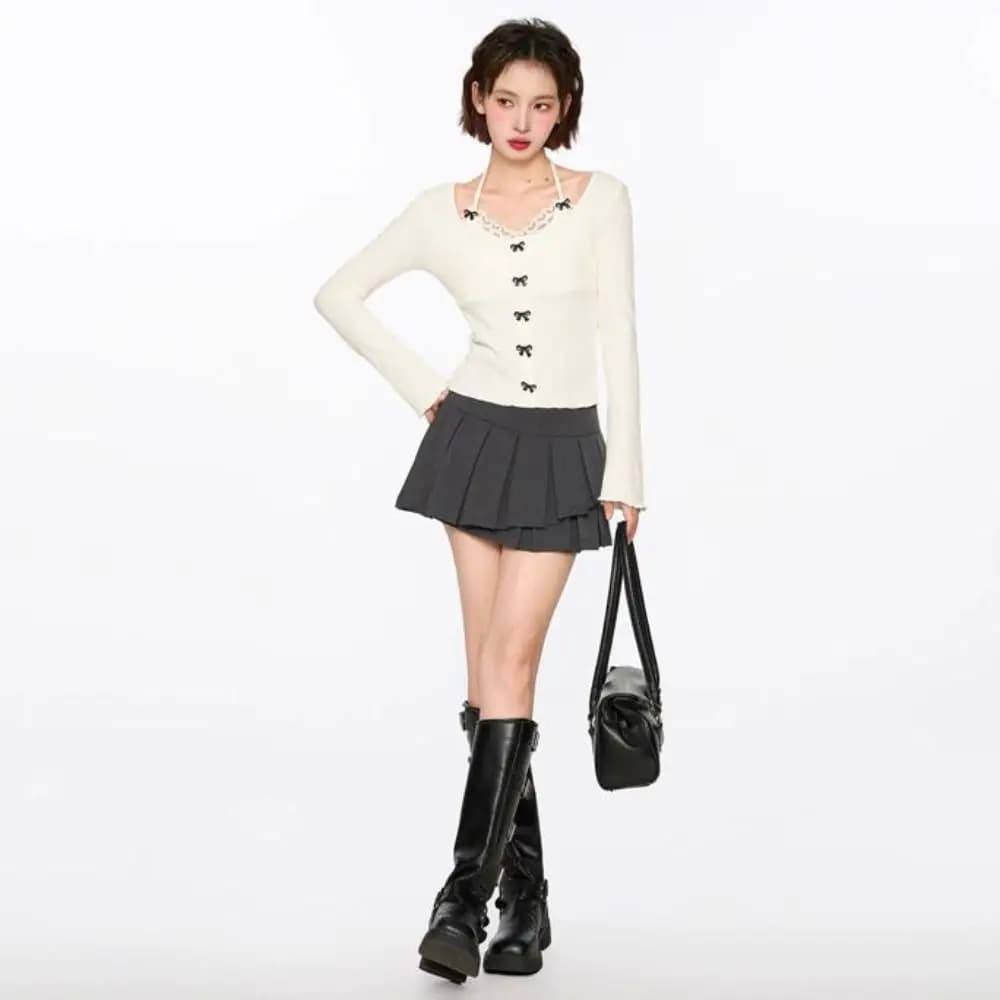 Lace Tied Up Long Sleeved T Shirts Slim Fit Thin Strap Y2k Slim Neck Hanging Tank Top Korean Style Female Top