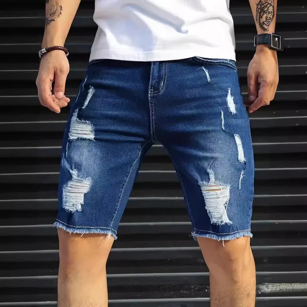 Men's Denim Shorts Blue Slim Fit Summer Jeans Shorts Distressed Frayed Hem Denim Pants Light Wash Five Pocket Short Jeans
