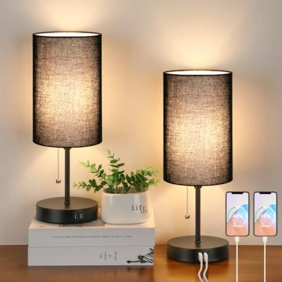 Set di 2 Lampade da Tavolo con 2 Porte USB, Lampade da Comodino per Camere da Letto, Lampade Moderne da Comodino con Catenella a Strappo, Lampade da Scrivania Minimaliste