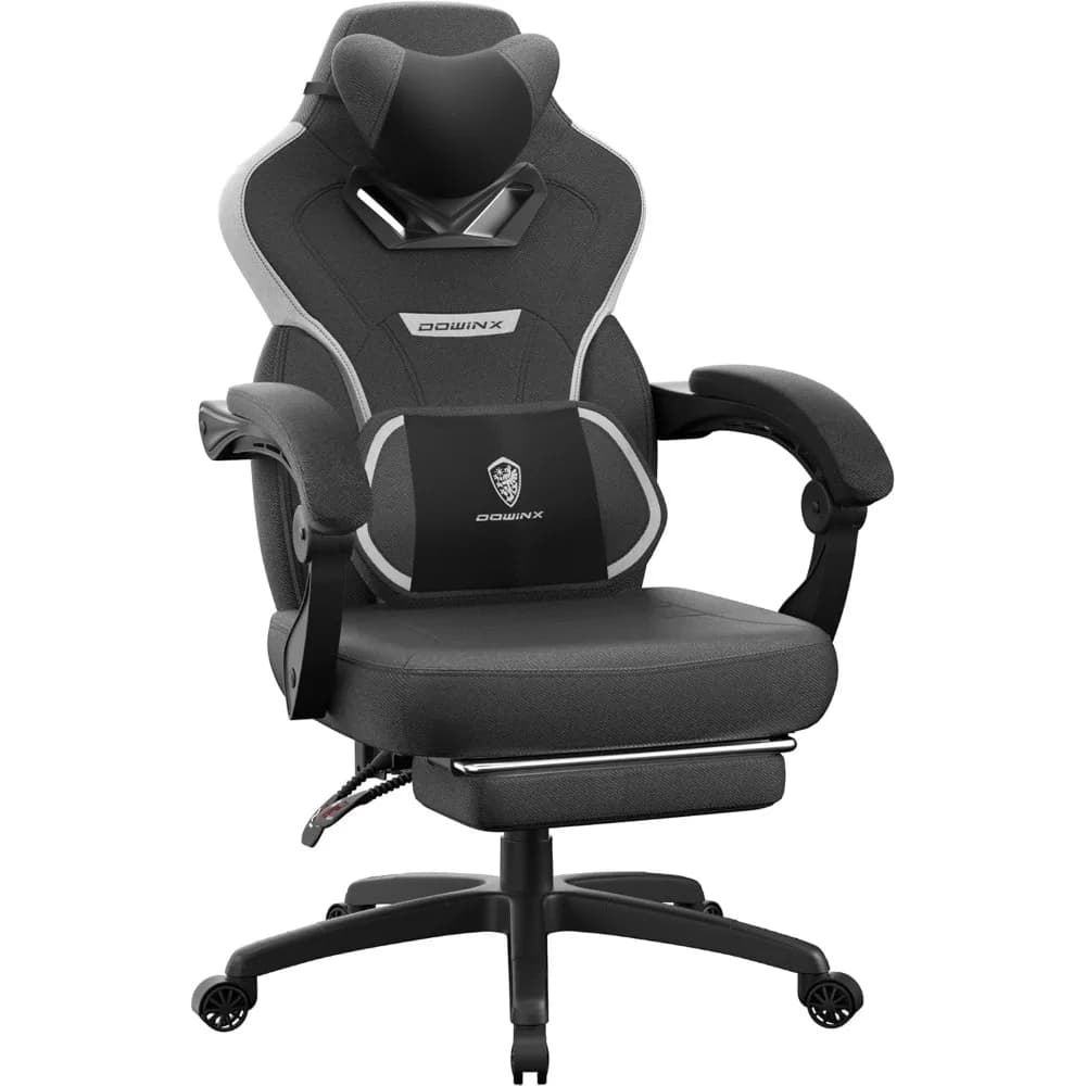 Sedia da gaming Dowinx con poggiapiedi, sedia da gamer in tessuto per adulti, sedia da computer con massaggio per persone pesanti, nero