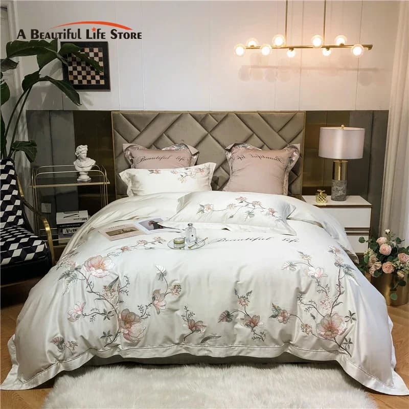 Set biancheria da letto in cotone egiziano 1000TC, lusso, bianco grigio, fiori fioriti, ricamo, Set copripiumino morbido, lenzuolo, federe