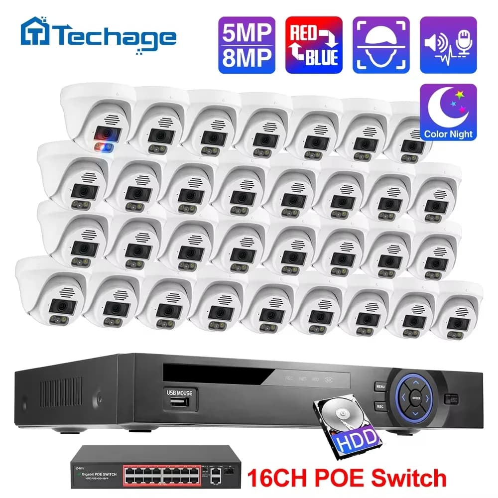 Sistema di Telecamere PoE Techage 36CH 4K 8MP con Audio Bidirezionale, Rilevamento Facciale AI Intelligente, H.265, Kit NVR di Videosorveglianza CCTV Onvif