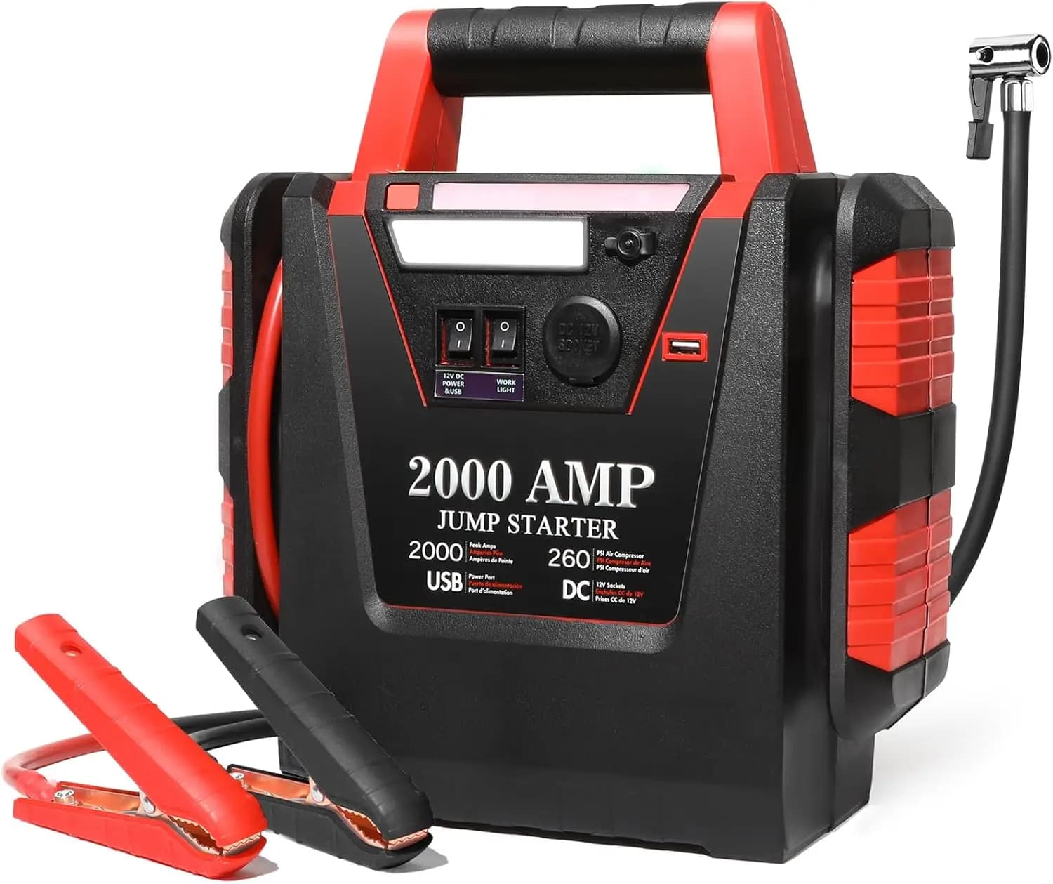 Avviatore d'Emergenza per Auto 2000A con Compressore d'Aria, Gonfiatore Pneumatici 260 PSI, Power Bank e Luce LED per Motori a Benzina/Diesel