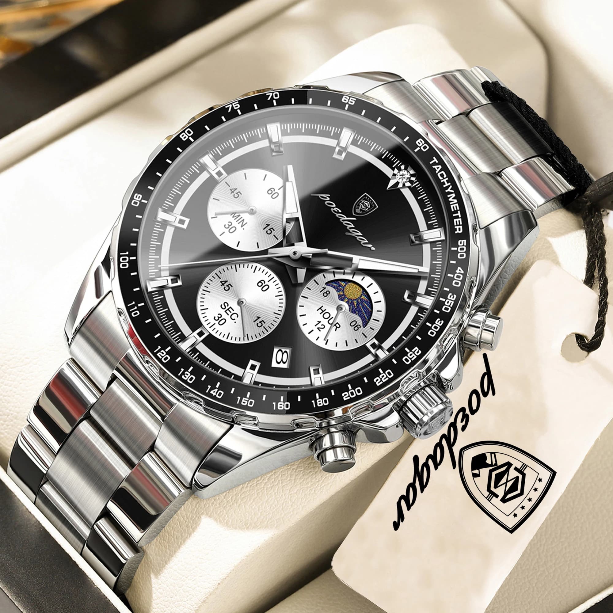 Men's wristwatch POEDAGAR, Waterproof, Stainless Steel, Bright, Chronograph With Date, Men's Quartz Clock, Reloj