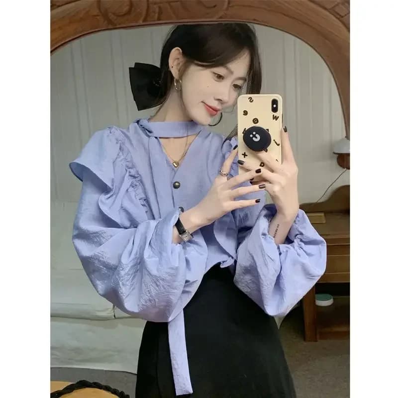 Temperamento Ladise Top Manica a lanterna Dolce increspature Camicetta Donna Fasciatura Camicie vintage 2025 Blusas De Mujer Camicette eleganti
