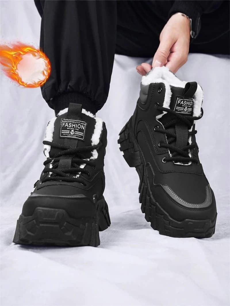 Men's Winter Thickened Fleece Lined High Top Snow Boots Warm Boots Thick Bottom High Help Work Shoes Leather Fur Integ...