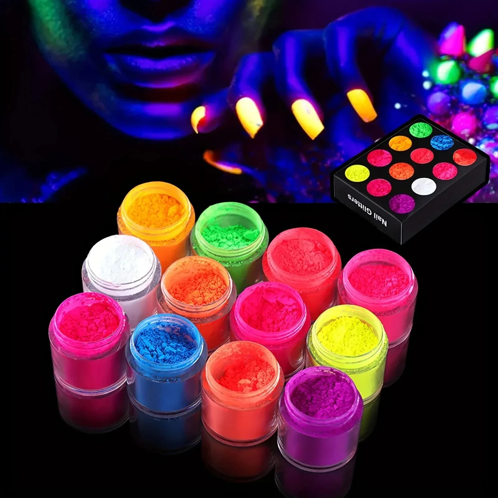Kit polvere per unghie pigmentata da 12 colori, set di polvere acrilica fluorescente Barbie in polvere al neon super brillante per unghie pigmentate, con scatola trasparente