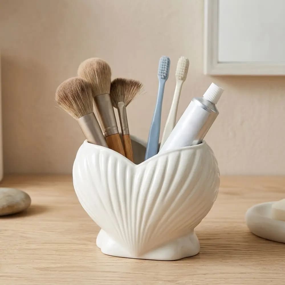 3D Printed Shell Shape Toothpaste Toothbrush Holder Coastal Style Aesthetic Makeup Brush Stand Plastic Stable Base