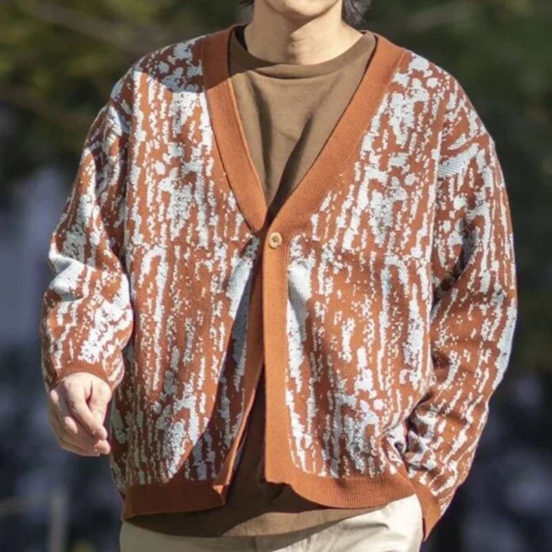 Europa e Stati Uniti Camicia in maglia jacquard per giovani uomini Autunno e inverno Cardigan con scollo a V spesso Cappotto maglione con ago spesso da uomo