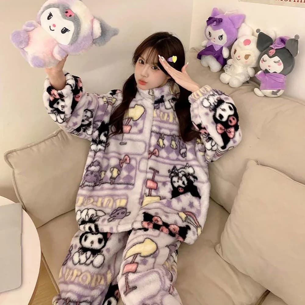 Kuromi Coral Velvet Pajama Set for Women Autumn/winter Thickened Velvet New Cartoon Loose Comfortable Warm Flannel Home Clothes