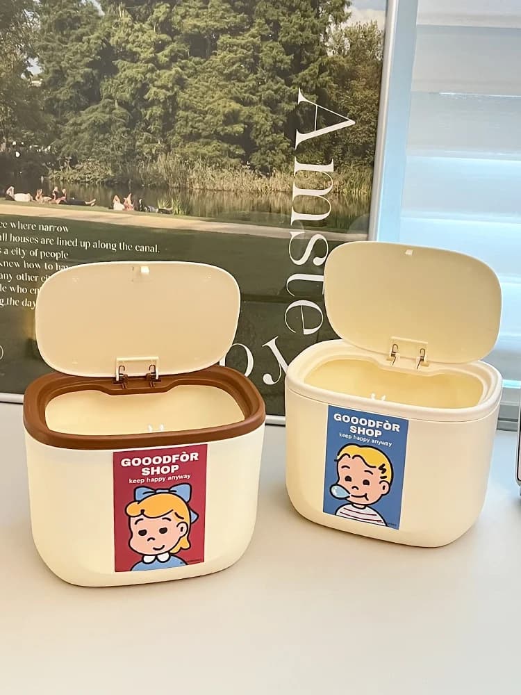Cestino da scrivania piccolo e carino con coperchio, per ufficio, dormitorio studentesco, scrivania, cestino per carta, corpo in plastica rettangolare, per la casa