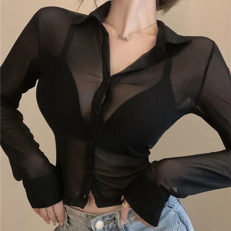 Y2K Camicetta trasparente a rete da donna Camicetta trasparente a maniche lunghe in chiffon Camicetta Camicia trasparente in organza moda Blusas femminili