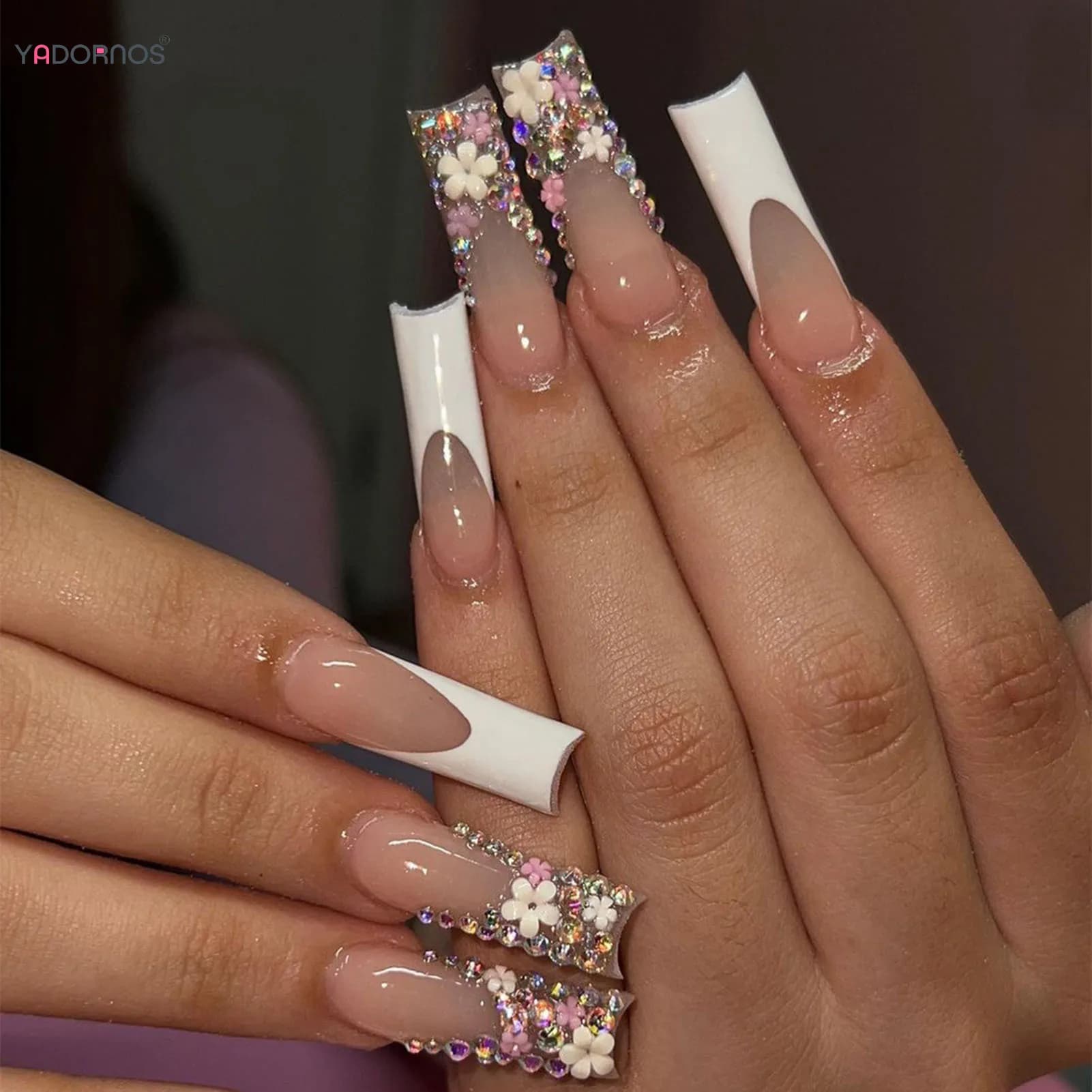 24 pieces long french fake nails with full rhinestone flowers, ballet design, fake nail tips for women, wearables, nail print
