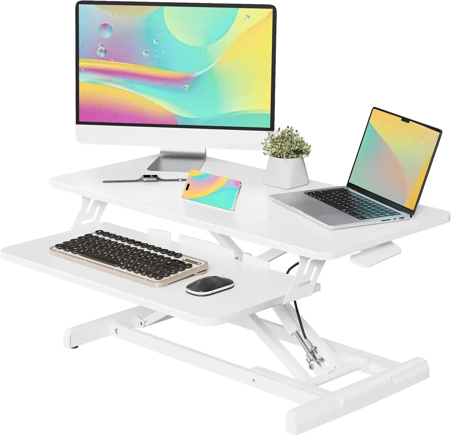 Supporto per Scrivania Regolabile in Altezza da 32 Pollici con Vassoio per Tastiera per Ufficio Domestico e Computer Portatile, Bianco
