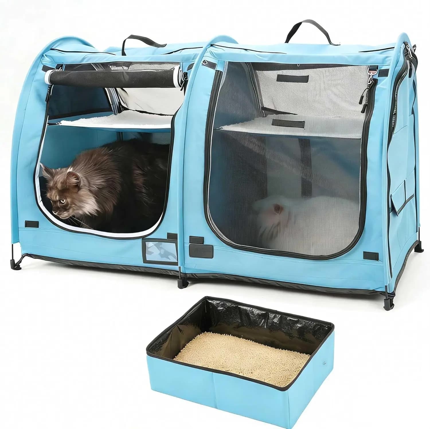 Gabbia per gatti portatile pieghevole con due scomparti, amache e lettiera - Cassa da viaggio per animali domestici facile da trasportare