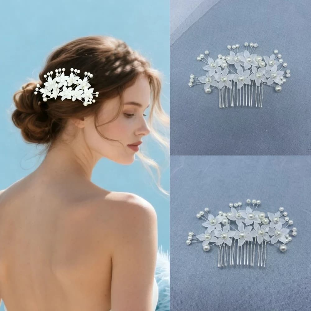Fermaglio per capelli a pettine con perle e foglie, fatto a mano, alla moda, con fiore di perle, accessorio per capelli da sposa, gioiello per capelli