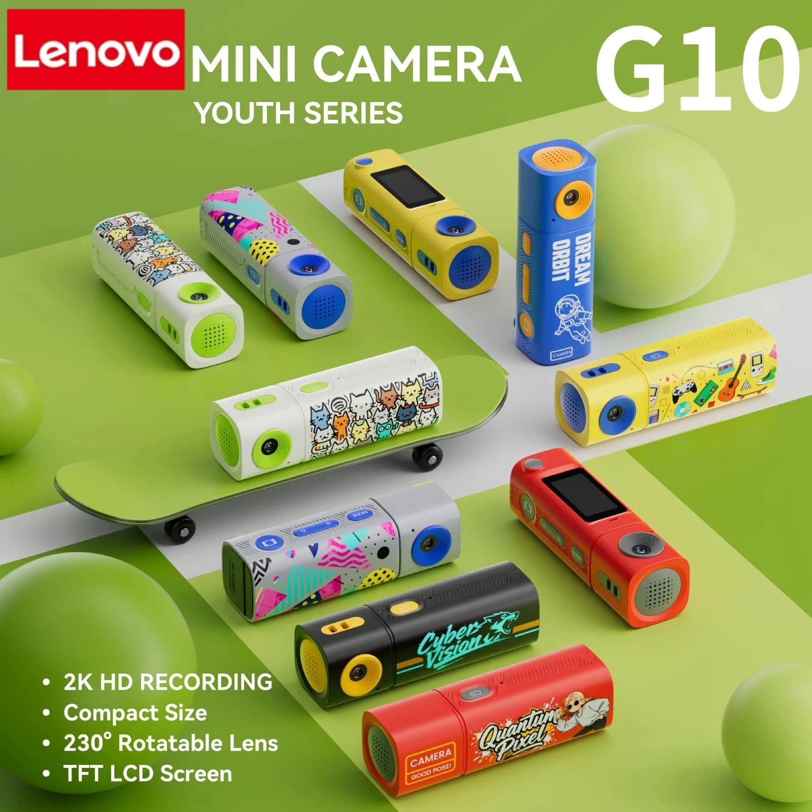 Lenovo G10 Thumb Mini Camera Serie Lipstick, Videocamera Sportiva Portatile 2K HD per Studenti, Fotografia all'Aperto, Video, Lunga Durata della Batteria