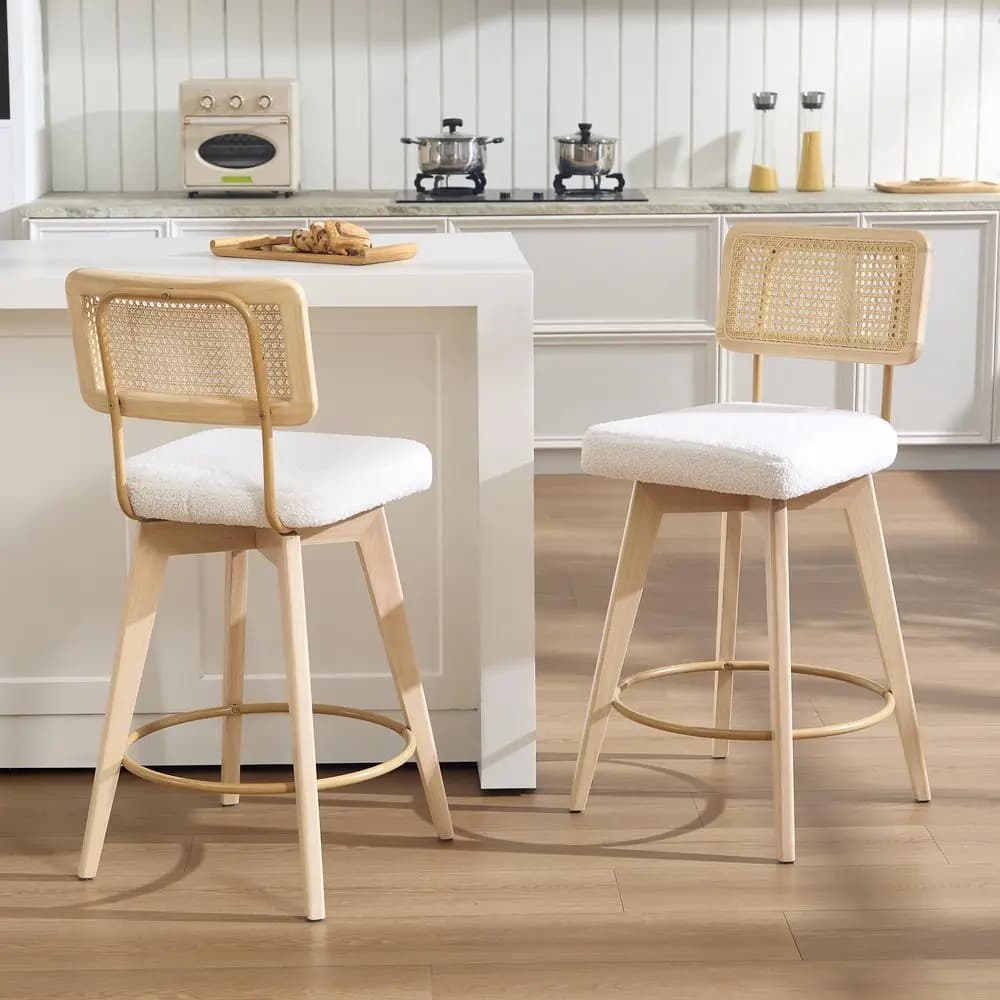 Set di 4 Sgabelli da Bar in Legno, Sedie da Bar in Lino a Righe Stile Francese con Cuscino Spesso e Schienale Ergonomico per Cucina